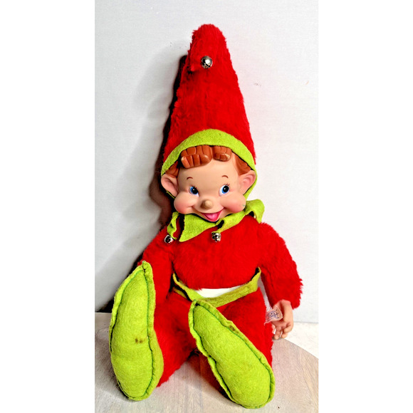 Vintage Rushton Elf Pixie Doll Red Fuzzy Plush Christmas Decoration w/ Tag 1960s